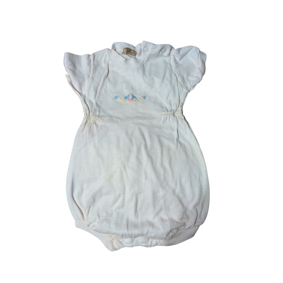 Vintage Baby Romper Bodysuit Short Sleeve Floral Embroidery Beige newborn A1 - Picture 1 of 5